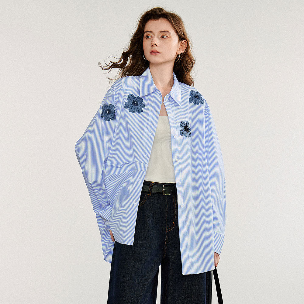 Striped Denim Floral Embroidered Blouse