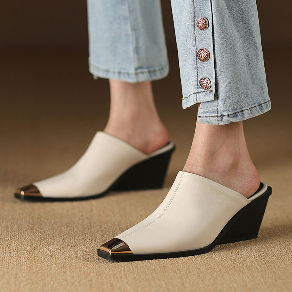 Women's Leather Mule Wedge Slippers