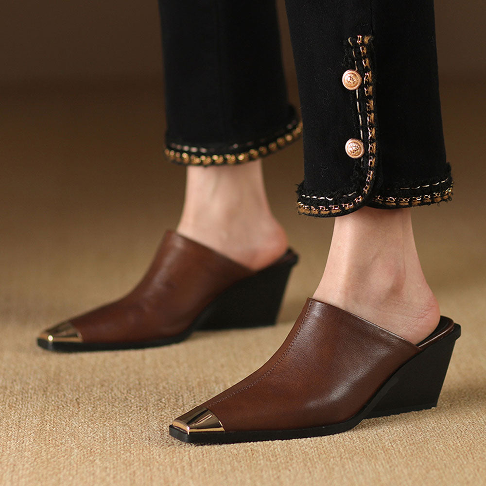 Women's Leather Mule Wedge Slippers