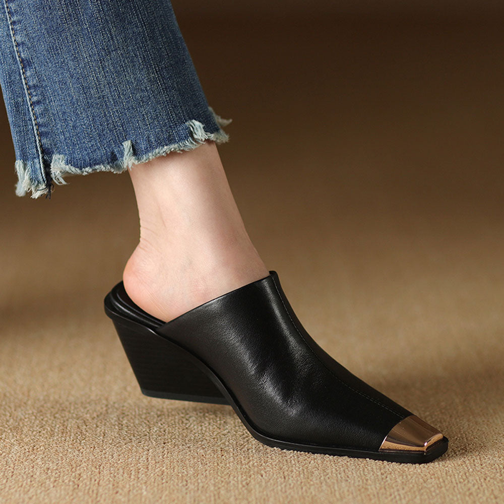 Women's Leather Mule Wedge Slippers