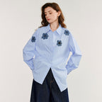 Striped Denim Floral Embroidered Blouse