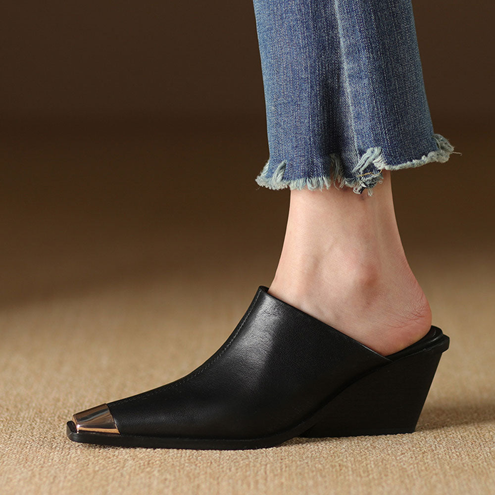 Women's Leather Mule Wedge Slippers