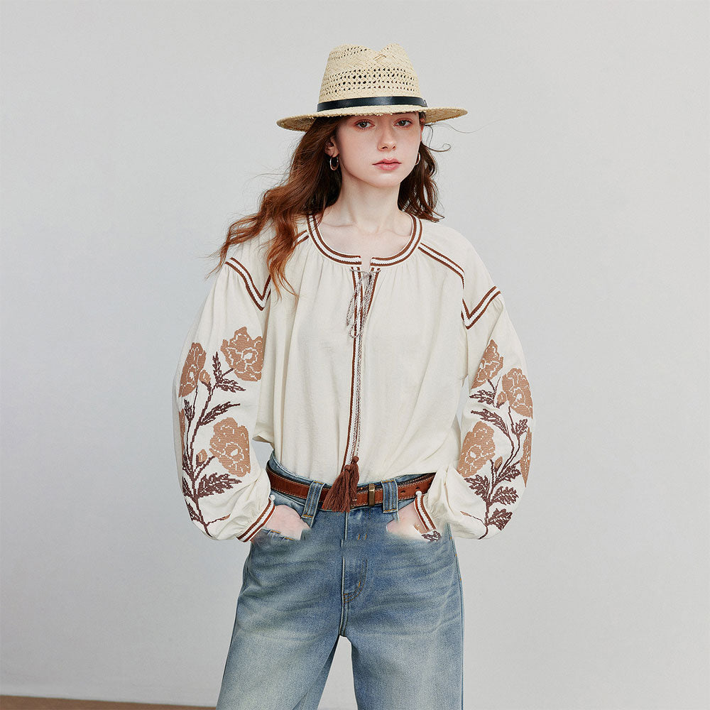 Embroidered Lantern Sleeve Blouse