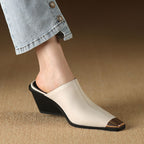 Women's Leather Mule Wedge Slippers