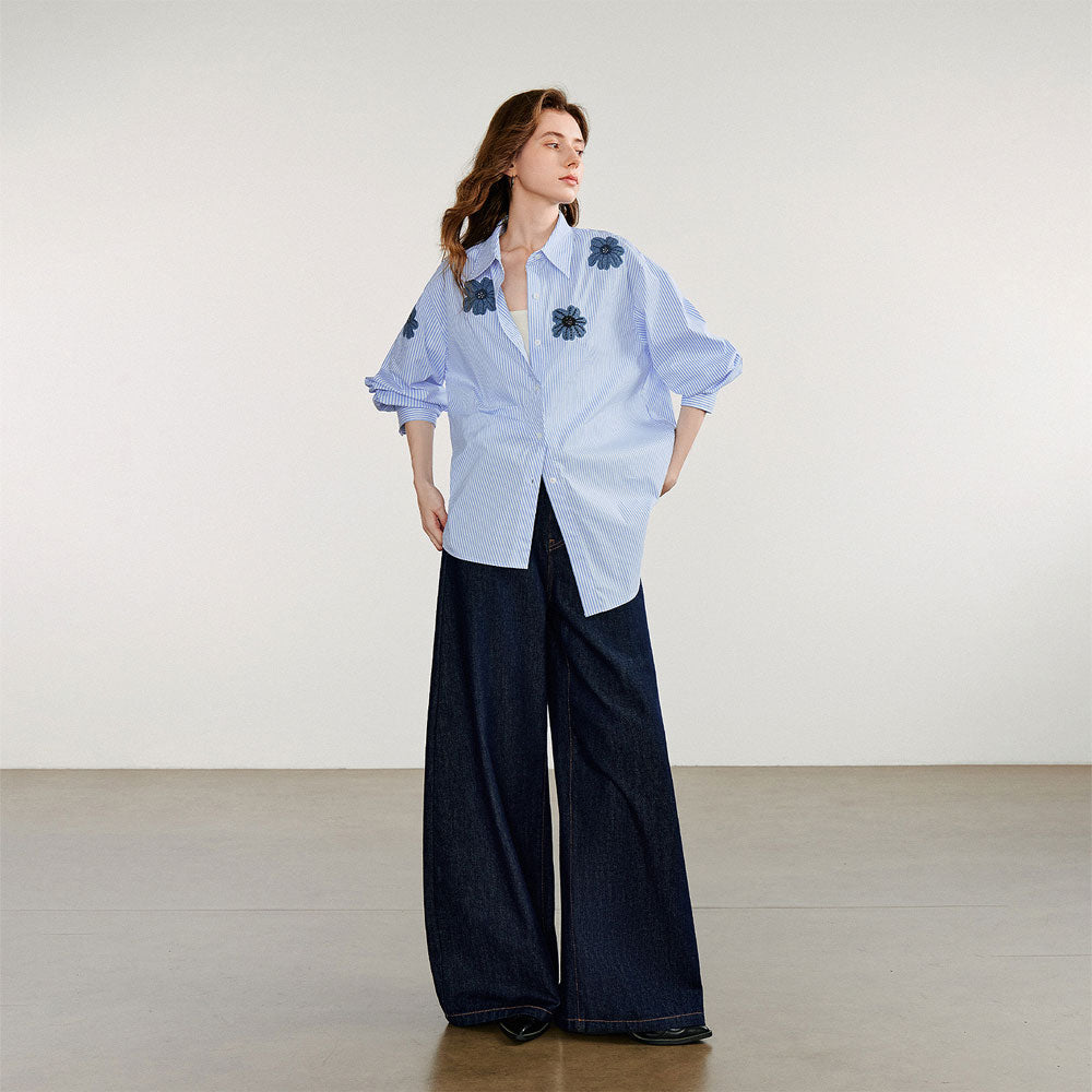 Striped Denim Floral Embroidered Blouse