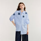 Striped Denim Floral Embroidered Blouse