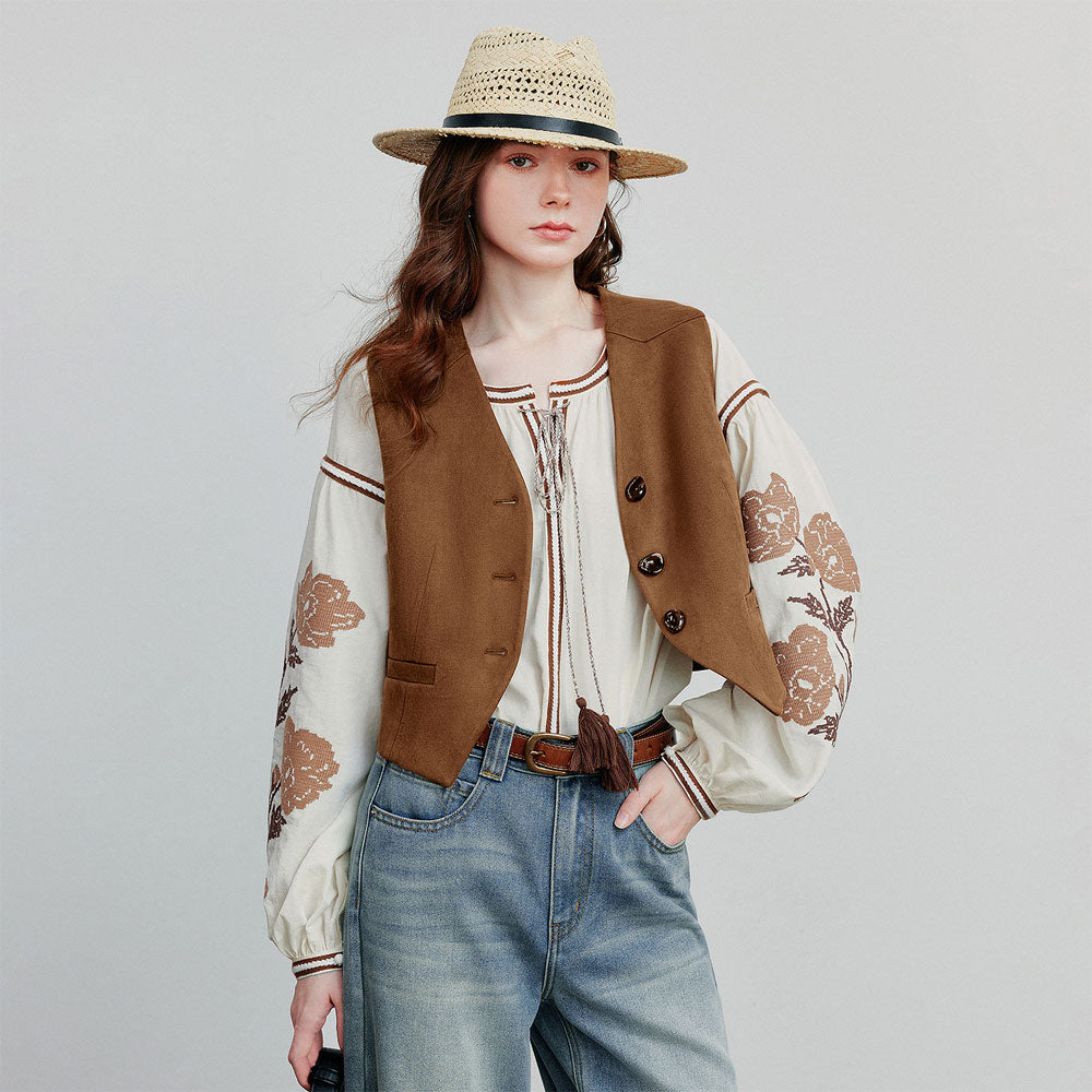 Embroidered Lantern Sleeve Blouse