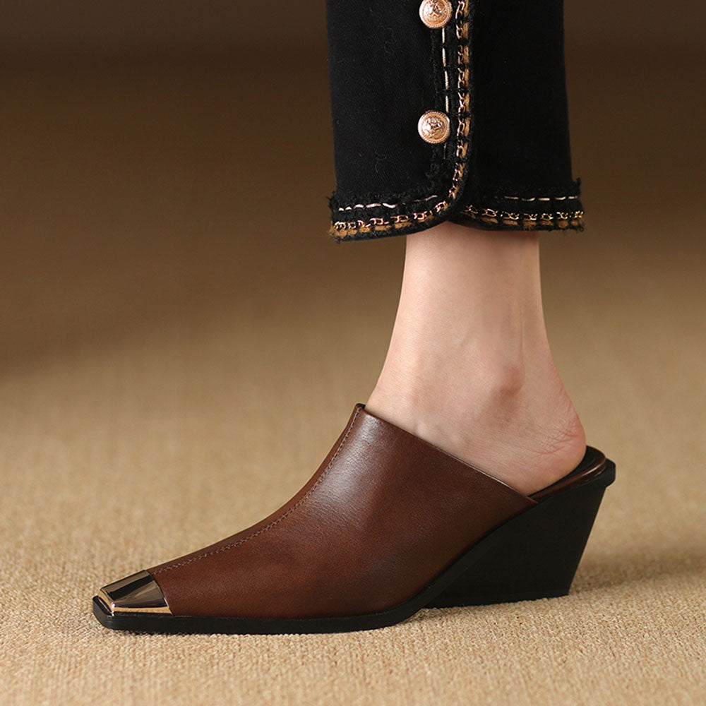 Women's Leather Mule Wedge Slippers