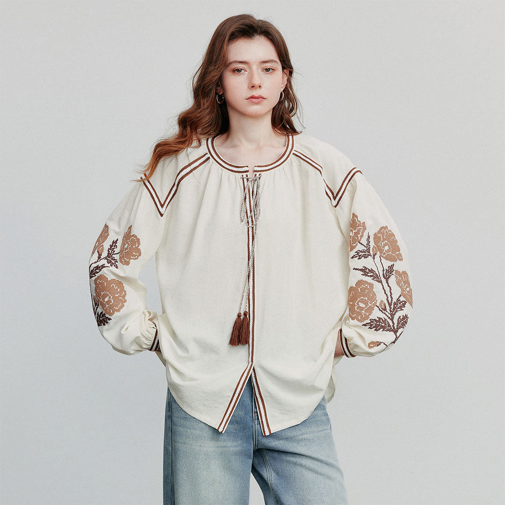 Embroidered Lantern Sleeve Blouse