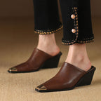 Women's Leather Mule Wedge Slippers