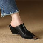 Women's Leather Mule Wedge Slippers